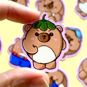 Adesivo de vinil fofo com chapéu de urso e folha Kawaii, holográfico, à prova d'água, planejador de diário, scrapbooking, presente de animal, papelaria estética, atrevida e engraçada