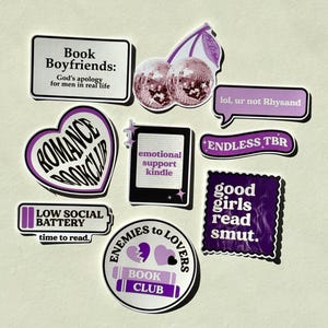 Book Lover Sticker Pack Romance Book Club Stickers Funny Reader Decals Kindle Stickers Enemies to Lovers Bookish Gifts 9 Stickers Purple