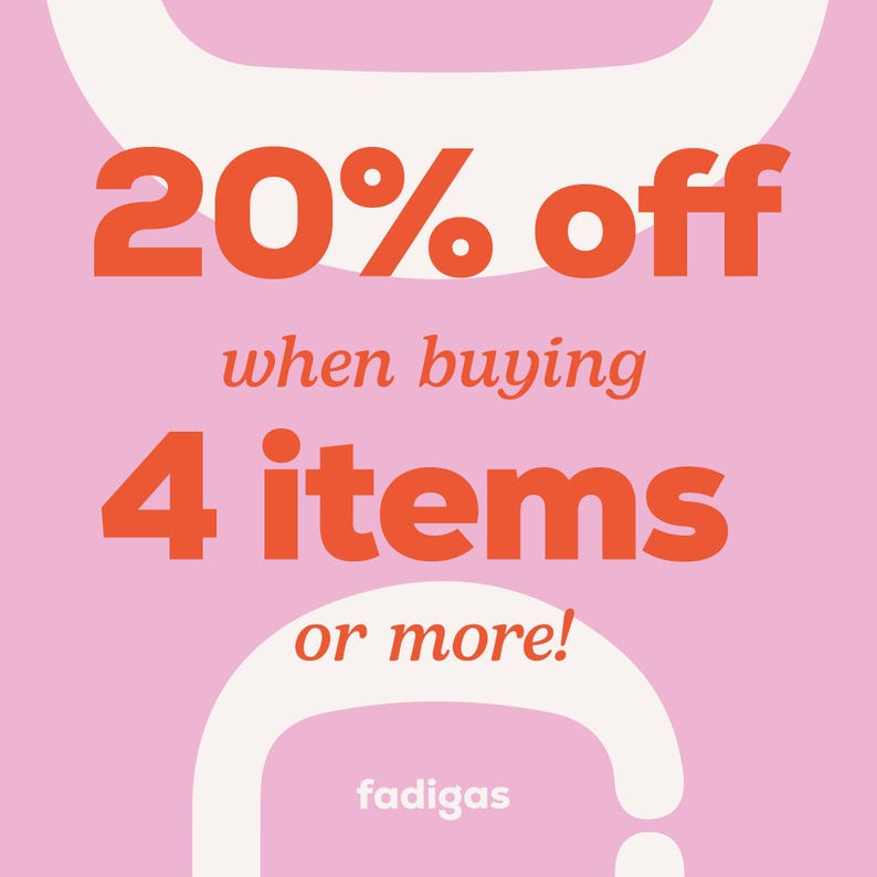 May include: A square graphic with a light pink background featuring white abstract shapes and bold orange text that reads 20% off when buying 4 items or more! The word fadigas is printed in small white lowercase letters at the bottom centre.