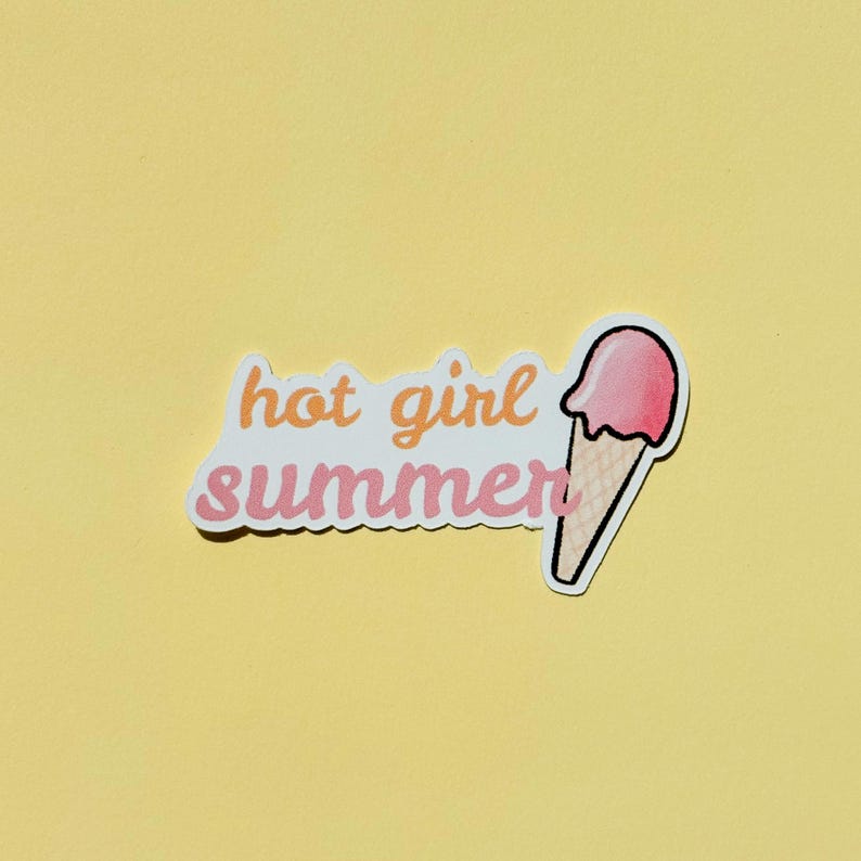 May include: A die-cut sticker featuring the text hot girl summer in a cursive orange and pink font, accompanied by a graphic of a pink ice cream scoop on a tan waffle cone. The design has a white border and is presented on a solid yellow background.