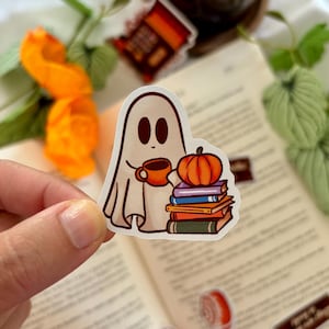 Cute Ghost Sticker Spooky Ghost Halloween Sticker Autumn Bookish Coffee Sticker Reading Kindle Decor Fall Ghost Vinyl Decal Cozy Gift