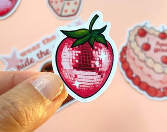 Paquete de pegatinas holográficas mate impermeables con temática de libros, diseño de bola de discoteca de fresa, color rosa, para Kindle, Kobo, regalo para amantes de los libros