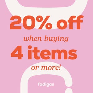 May include: A square graphic with a light pink background featuring white abstract shapes and bold orange text that reads 20% off when buying 4 items or more! The word fadigas is printed in small white lowercase letters at the bottom center.