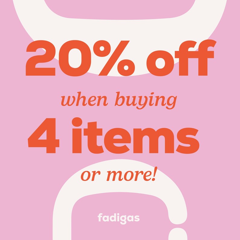 May include: A square graphic with a light pink background featuring white abstract shapes and bold orange text that reads 20% off when buying 4 items or more! The word fadigas is printed in small white lowercase letters at the bottom center.