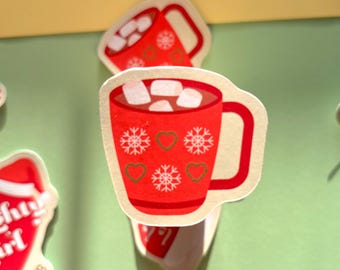 Hot Chocolate Christmas Holographic Sticker, Cozy Bookish Holiday Decor