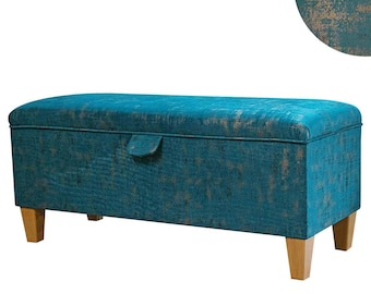 Teal & Brushed Gold Storage Bench | Handmade Bedroom Ottoman Trunk Seat | British Bespoke Made