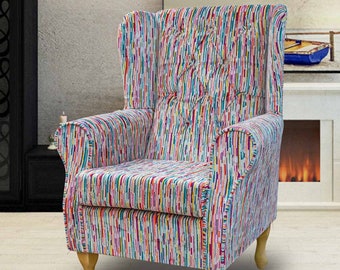 Rainbow Stripe Chesterfield Buttoned Fireside Wingback Armchair | Handmade Upholstered Luxury Accent Chair | British Bespoke Made