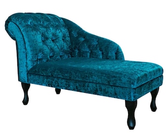 Buttoned Teal Slub Crush Chaise Longue | Chesterfield Luxury Small Accent Sofa | British Handmade