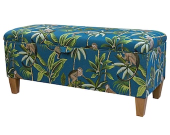 Monkey Teal Storage Bench | Botanical Tropical Handmade Bedroom Ottoman Trunk Seat | British Bespoke Made