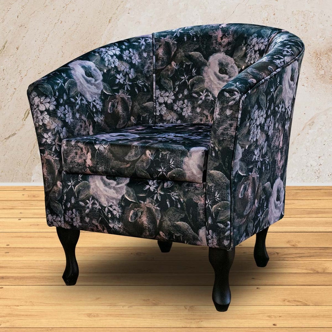 Black Floral Velvet Barrel Tub Chair Blossom Luxury Handmade Bedroom