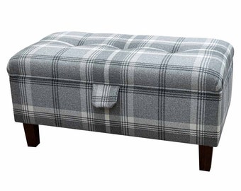 Grey Tartan Storage Ottoman Footstool | Soft Plaid Check Luxury Upholstered Rectangle Pouffe | British Bespoke Made