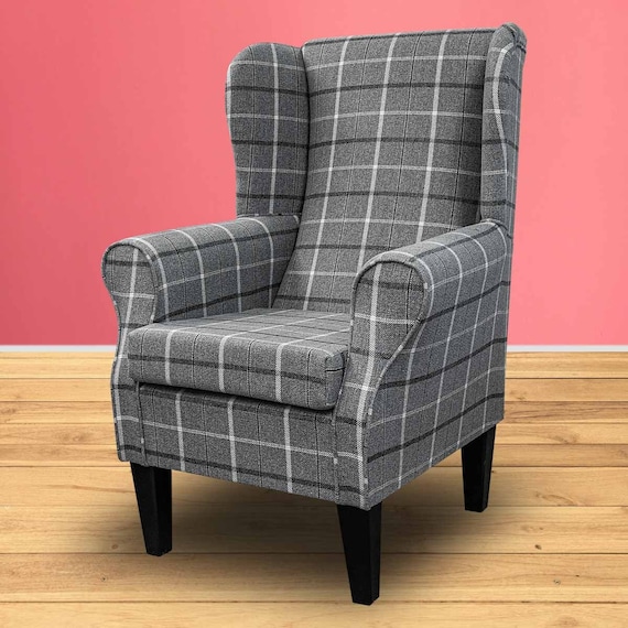 Grey Check Fireside Wingback Armchair Handmade Traditional Plaid Cottage Check Luxury Accent Chair British Bespoke Made Etsy
