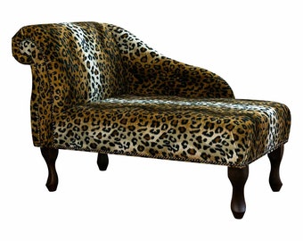 Chaise Longue in Leopard Faux Fur, Handmade British Upholstered Indoor Lounge, Bespoke Made to Order
