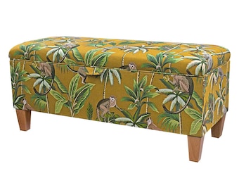 Luxury Yellow Storage Ottoman Bench Upholstered in Monkey Floral Fabric