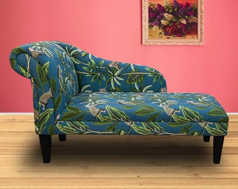 Monkey Teal Botanical Chaise Longue Handmade | Super Soft Luxury Accent Sofa | British Bespoke Made