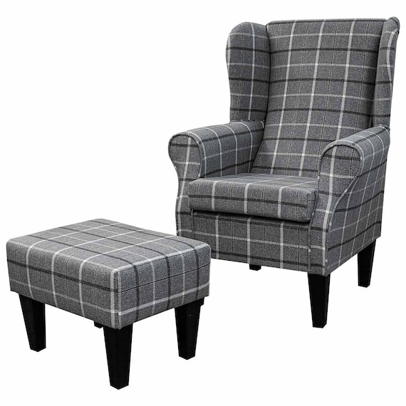 Grey Check Fireside Wingback Armchair Matching Footstool Handmade Traditional Plaid Check Luxury Accent Chair British Bespoke Made Etsy