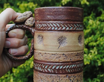 Boho Wishing Flower and Rock Textured Design 12 oz Ceramic Mug With Rock Inspired Thumb Rest