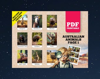 Bildkort med australiska djur: Montessori-hemundervisning (PDF-mönster)