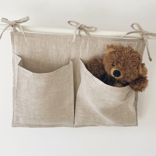 Crib Organizer NATURAL LINEN l Diaper caddies l Minimalist Baby Crib and Cot Storage Solution