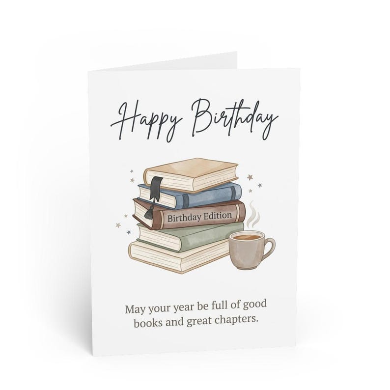 Book Lover Birthday Card, Watercolor Books Tea Printable 5x7 Instant ...