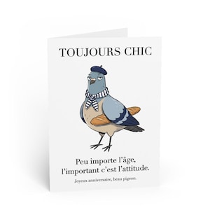 Peut inclure: Carte de vœux avec un pigeon de dessin animé portant un béret et une écharpe, tenant une baguette. Le texte dit "TOUJOURS CHIC" et "Peu importe l'âge, l'important c'est l'attitude. Joyeux anniversaire, beau pigeon."