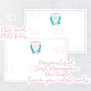 Personalisierte Crest Monogram Karten | Druckbare Danksagung im Grandmillennial Stil
