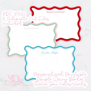 Op de afbeelding: Drie afdrukbare bedankkaart sjablonen met dubbele golvende randen. De sjablonen zijn in rood, groen en blauw. De tekst "Personalized Printable Double Wavy Border Thank you notes/cards" staat onderaan de afbeelding.