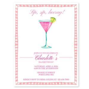 Cocktail Pink Printable Invitation | Pink Birthday Digital Cards | Editable Template