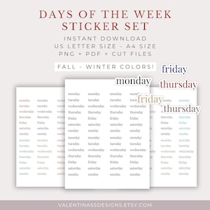 Printable Weekday Stickers | Fall Winter Tones | A4 & Letter Size | Minimalist Elegant Serif Font | Planner Stickers | Digital Download