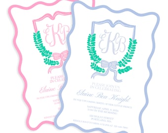 Invito per baby shower blu e rosa: monogramma con bordo ondulato (modello Canva modificabile)