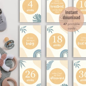 Karty z kamieniami milowymi ciąży w stylu boho | Zestaw 47 | Zieleń | Neutralne | Tęcze | Do druku | Natychmiastowe pobranie
