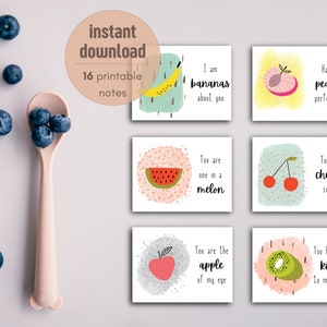 Afdrukbare Lunchbox-notities Fruitwoordspelingen | 16 Opmerkingen | Positieve affirmaties voor kinderen | Grappige voedselcitaten | Directe download