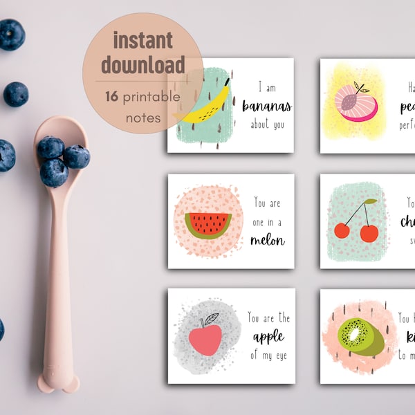 Printable Lunchbox Notes Fruit Puns | 16 Notes | Positive affirmations for kids | Funny food quotes | Instant Download