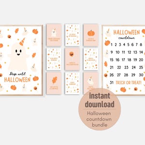 May include: A Halloween-themed wall art set featuring a countdown calendar, a 'Days until Halloween' poster, and activity cards. The designs include ghosts, pumpkins, and fall leaves in orange, white, and beige.