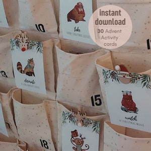Afdrukbare kerstadventactiviteitenkaarten kinderen | Feestdieren | Set van 30 | Kerstbucketlist | Kalendervullers | Direct downloaden