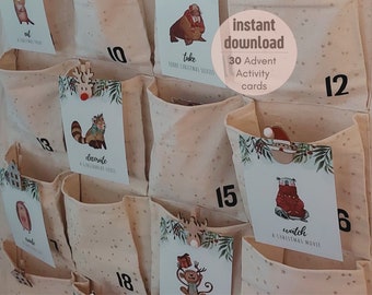 Tarjetas de actividades de Adviento de Navidad imprimibles para niños / Animales festivos / Conjunto de 30 / Lista de deseos de Navidad / Rellenos de calendario / Descarga instantánea