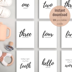 Cartes minimalistes d’étape de bébé | Ensemble de 25 | Jalons mensuels en noir et blanc | Imprimable | Téléchargement instantané