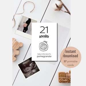 Minimalistische Schwangerschaftsmeilensteinkarten | 37er Set | Schwarz und Weiß Baby Größe Woche für Woche Obst und Gemüse | Druckbar | Sofort Download