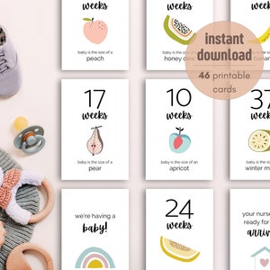 Minimalistische Schwangerschaftsmeilensteinkarten | 46er Set | Babygröße Woche für Woche Obst und Gemüse Farbe | Beule Photo Prop druckbare Sofortdownload