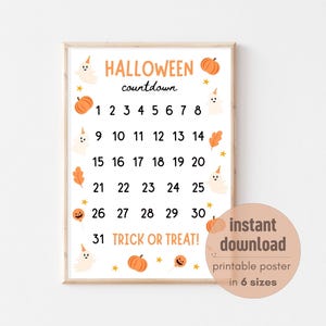 以下が含まれることがあります： 明るい木製フレームの、ハロウィーンカウントダウンポスター。ポスターには、数字、カボチャ、幽霊、そして「ハロウィーンカウントダウン」と「トリックオアトリート！」という言葉が書かれたカレンダーグリッドが描かれています。