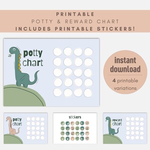May include: Printable potty training chart with a dinosaur design. The chart has 30 circles for stickers and the text "potty chart".  The chart is available for instant download and includes 4 printable variations.
