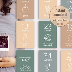 Minimalistische Schwangerschaftsmeilensteinkarten zum Ausdrucken | 46er Set | Boho Farben Baby Größe Woche für Woche Obst und Gemüse | Sofort Download