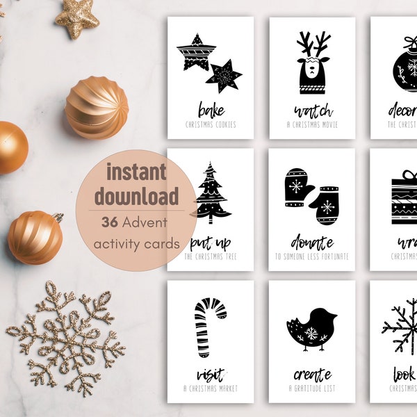 Printable Christmas Advent Calendar Activity Cards | Minimalist | Set of 36 | Black and White | Kids Calendar Fillers | Instant Download