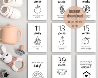 Minimalist Pregnancy Milestone Cards | Set of 46 | Black and White baby size week by week fruit and veg | Printable | Instant Download