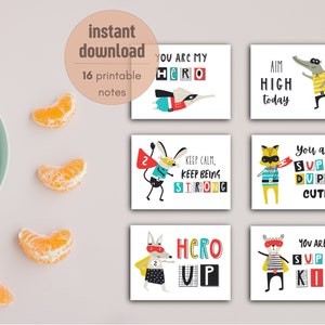 Puede incluir: Conjunto de seis tarjetas imprimibles con ilustraciones coloridas de animales vestidos de superhéroes. Cada tarjeta tiene un mensaje inspirador diferente, como "Eres mi héroe" y "Apunta alto hoy".