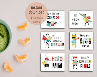May include: Set of six printable cards featuring colorful illustrations of animals dressed as superheroes. Each card has a different inspirational message, such as "You are my hero" and "Aim high today".