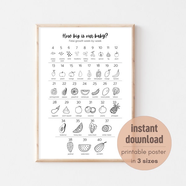 How Big is Our Baby? | Printable Week by Week Fetal Growth Chart Poster | Fruit and Vegetables | Black and White | Instant Download