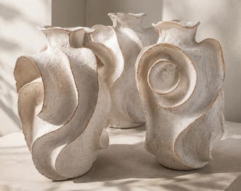 Abstract Ripple Vase - Form C | Sculptural White Ceramic, Asymmetrical Designer Art, Handmade Studio Pottery