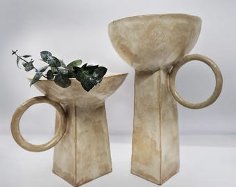 Minimalist Geometric Sculpture | Handmade Ceramic Bowl, Beige Wabi Sabi Pottery, Japandi Decor