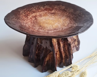 Ceramic Pedestal Bowl | Brown Sculptural Footed Bowl, Organic Ceramic Sculpture, Handmade Wabi Sabi Art